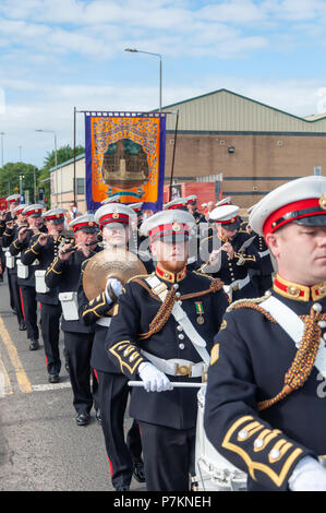 Glasgow, Ecosse, Royaume-Uni. 7 juillet, 2018. Marching Band membres prenant part à l'assemblée annuelle à pied Orange dans les rues de la ville pour marquer la victoire du Prince Guillaume d'Orange sur le roi Jacques II à la bataille de la Boyne en 1690. Credit : Skully/Alamy Live News Banque D'Images