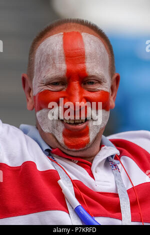 Samara, Russie. 7 juillet 2018. English ventilateur à Samara stade lors des quarts de finale entre l'Angleterre et la Suède lors de la Coupe du Monde 2018. Ulrik Pedersen/CSM Crédit : Cal Sport Media/Alamy Live News Banque D'Images