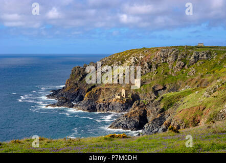 Côte Rocheuse avec des ruines de l'ancienne mine Mine, Botallack, St Just en Penwith, Cornwall, Angleterre, Royaume-Uni Banque D'Images