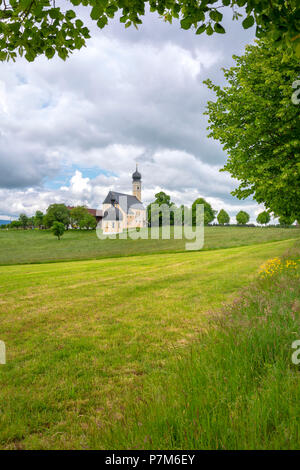 Église de pèlerinage Wilparting avec de vertes prairies et d'arbres sur une journée ensoleillée au printemps, Irschenberg, Upper Bavaria, Allemagne Banque D'Images