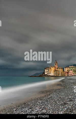 Plage de Camogli, municipalité de Camogli, province de Gênes, Ligurie, Italie, Europe Banque D'Images