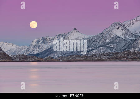 Pleine lune sur Austnesfjorden, municipalité de Vagan, Île Lofoten, Norvège, Europe Banque D'Images