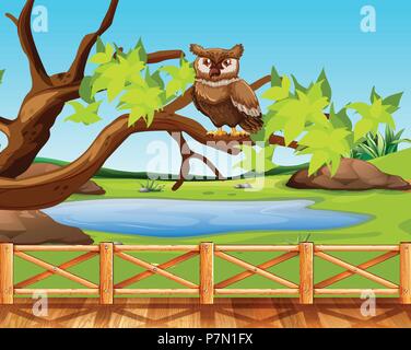 Un hibou assis dans un arbre illustration scène Illustration de Vecteur