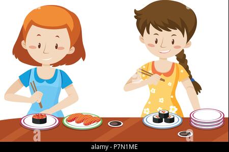 Les filles de manger les sushis japonais illustration Illustration de Vecteur