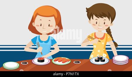 Les filles de manger les sushis japonais illustration Illustration de Vecteur