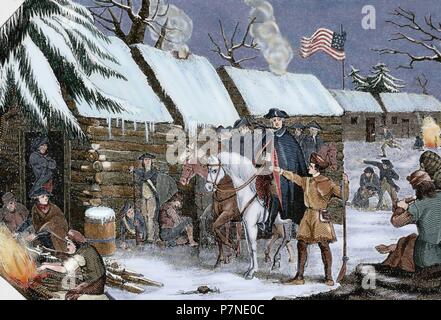 Guerre d'Indépendance américaine (1775-1783). George Washington (1732-1799) des visites de Valley Forge(Texas), l'armée continentale, le camp en hiver, 1777-1778. La gravure. 19e siècle. De couleur. Banque D'Images