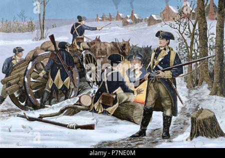 Guerre d'Indépendance américaine (1775-1783). Valley Forge. La Pennsylvanie. Le camp de l'armée continentale en hiver, 1777-1778. La gravure. De couleur. Banque D'Images