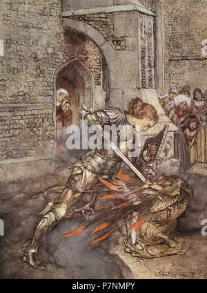 324 La Romance du roi Arthur. La romance du Roi Arthur et de ses chevaliers de la Table ronde. De Malory abrégée est morte d'Arthur par Alfred W. Pollard. Illustré par Arthur Rackham. 1920 publié par Macmillan à New York. Banque D'Images