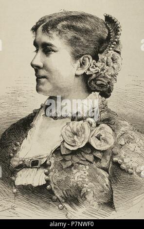 Bianca Donadio (Fanny Marie Gabrielle Dieudonné ou Blanche Dieudonné), (ca. 1853). Période d'activité (1873-1887). La soprano française. Portrait. Gravure par Arturo Carretero. "Almanaque de La Ilustracio n', 1884. Banque D'Images