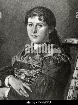 Jeune fille du Tyrol. Portrait. Gravure de Richard BrendÕamour (1831-1915) D'après une peinture du peintre autrichien Franz Degregger (1835-1921). 'La Ilustracion Iberica', 1885. Banque D'Images