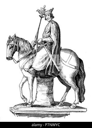 Statue équestre de Rudolf von Habsburg sur la façade de la cathédrale de Strasbourg (1291). Dessin par Leonh. Geyer, Leonhard Geyer Banque D'Images