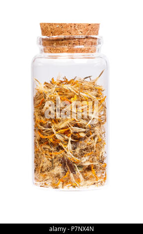 Arnica des montagnes dans une bouteille avec bouchon en liège pour usage médical. Banque D'Images