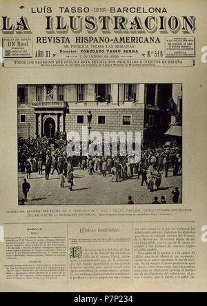 L'Espagne. La Catalogne. Barcelone. Mort de Francesc Rius i Taulet (1833-1889), avocat et homme politique espagnol. Maire de Barcelone et principal moteur de l'Exposition Universelle de 1888. Procession funéraire avant le palais de la Députation Provinciale, dans le Saint James Square. 'La Ilustracion', numéro 518. Couvercle. 5 octobre, 1890. Banque D'Images