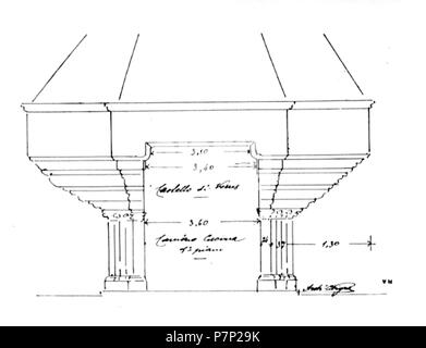 Italiano : Disegno del camino della cucina al primo piano. Castello di Ayas, Valle d'Aosta, Italie. avant 1942 62 Cast verres camino cucina nigra fig 115 primo piano Banque D'Images