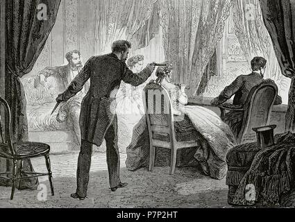 Abraham Lincoln (1809-1865). Homme politique et avocat américain.16e président des États-Unis. Assassinat du président Abraham Lincoln par John Wilkes Booth (1838-1865) au Ford's Theatre à Washington, D.C. le 14 avril 1865. La gravure. Banque D'Images