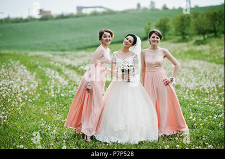 Belles demoiselles avec bride sur le terrain plein de fleurs le jour du mariage. Banque D'Images