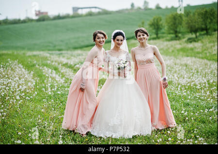 Belles demoiselles avec bride sur le terrain plein de fleurs le jour du mariage. Banque D'Images