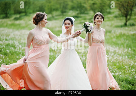 Belles demoiselles avec bride sur le terrain plein de fleurs le jour du mariage. Banque D'Images