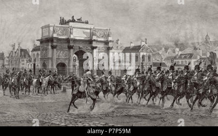 La revue '1810'. Napoléon Ier, à cheval, à l'examen des troupes de cavalerie passant derrière l'Arc de triomphe du Carrousel à Paris en 1810. Gravure d'Auguste Boulard (fils) (1852-1927) après François Flameng (1856-1923) . 6 mai 1901 238 La revue 1810 Banque D'Images