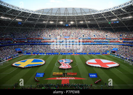 Les équipes s'alignent à la veille de la Coupe du Monde de football, quart de finale au stade de Samara. Banque D'Images