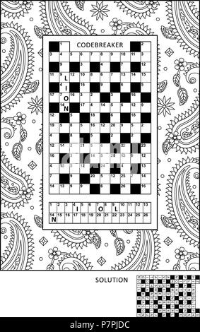 Puzzle et activité de coloriage page pour les adultes avec codebreaker, ou codeword, d'autre mot cracker code jeu et large cadre décoratif de couleur. Illustration de Vecteur