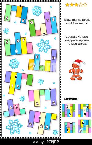 L'hiver, Noël ou Nouvel An IQ à thème résumé formation visual word puzzle (en anglais) : faire quatre carrés, lire quatre mots. Réponse inclus. Illustration de Vecteur