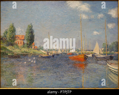 Anglais : Exposition dans le Fogg Art Museum, Harvard University, Cambridge, Massachusetts, USA. Cette oeuvre est dans le car l'artiste est mort il y a plus de 70 ans. 11 avril 2015, 10:23:28 327 bateaux rouges, Argenteuil, Claude Monet 1875, huile sur toile - Fogg Art Museum, Harvard University - DSC00684 Banque D'Images