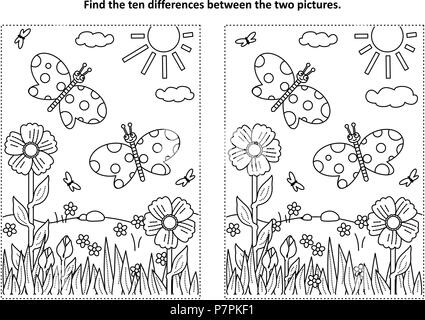 Au printemps ou à l'été sur le thème de la joie de trouver les 10 différences photo puzzle et coloriage avec les papillons, les fleurs, l'herbe. Illustration de Vecteur