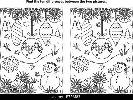 Vacances d'hiver, le Nouvel An ou à thème de Noël trouver les 10 différences photo puzzle et coloriage avec ornements d'arbre de noël et bonhomme de neige. Illustration de Vecteur