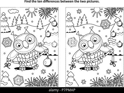 Vacances d'hiver, le Nouvel An ou à thème de Noël trouver les 10 différences photo puzzle et coloriage avec owl holding glass beads garland Illustration de Vecteur