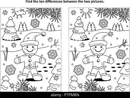 Vacances d'hiver, Noël ou Nouvel An trouver à thème les dix différences photo puzzle et coloriage avec ginger man cookie. Illustration de Vecteur