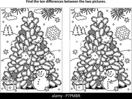 Vacances d'hiver, le Nouvel An ou à thème de Noël trouver les 10 différences photo puzzle et coloriage avec arbre de Noël, joyeux Bonhomme, boîte Illustration de Vecteur