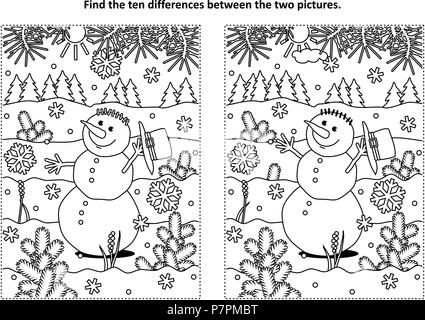 Vacances d'hiver, le Nouvel An ou à thème de Noël trouver les 10 différences photo puzzle et coloriage avec happy happy snowman marcher à l'extérieur. Illustration de Vecteur