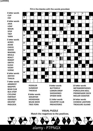 Puzzle page avec deux casse-tête : 19x19 criss-cross (kriss-kross, remplir les blancs) jeu de mots croisés (en anglais) et le résumé des casse-tête. Illustration de Vecteur