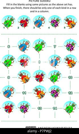 Photo puzzle Sudoku 5x5 (un bloc) avec les bugs et les coléoptères. Réponse inclus. Illustration de Vecteur