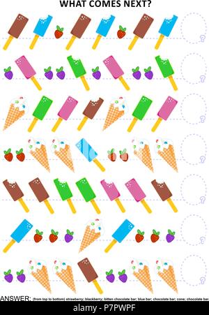 La glace de l'éducation thème jeu de logique séquentielle de formation reconnaissance de formes : Quelle est la prochaine étape dans la séquence ? Réponse inclus. Illustration de Vecteur