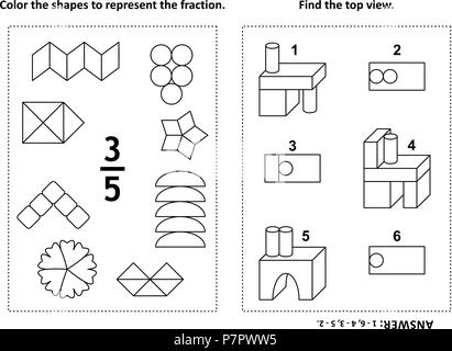 Deux énigmes mathématiques visuelles et des pages à colorier. Les formes de couleur pour représenter la fraction. Trouver la vue supérieure. Noir et blanc. Réponse inclus. Illustration de Vecteur