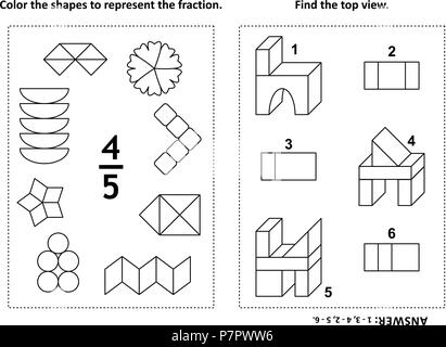Deux énigmes mathématiques visuelles et des pages à colorier. Les formes de couleur pour représenter la fraction. Trouver la vue supérieure. Noir et blanc. Réponse inclus. Illustration de Vecteur