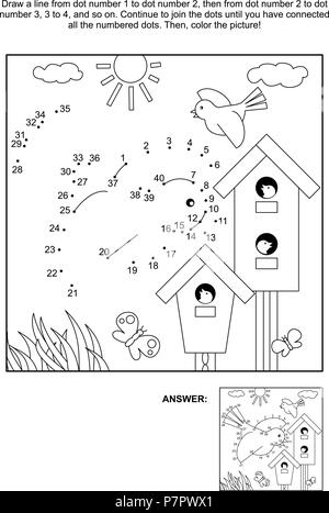 Relier les points sur le thème de printemps photo puzzle et coloriage avec les oiseaux, nichoirs et des oisillons. Réponse inclus. Illustration de Vecteur