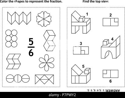 Deux énigmes mathématiques visuelles et des pages à colorier. Les formes de couleur pour représenter la fraction. Trouver la vue supérieure. Noir et blanc. Réponse inclus. Illustration de Vecteur