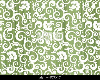 Vintage transparent blanc et vert avec motif floral de swirly abstract roses et boutons de rose, comme le travail du bois Illustration de Vecteur