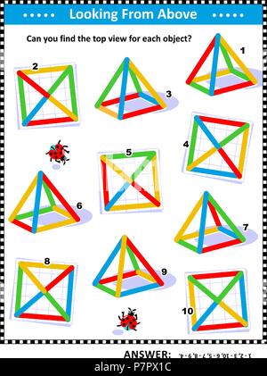 IQ et la formation des compétences spatiales énigme mathématique : trouver la vue de dessus pour chaque objet. Réponse inclus. Illustration de Vecteur