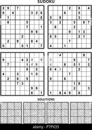 Quatre puzzles de sudoku de niveau confortable, sur l'A4 ou la taille de la page avec des marges, convient pour des livres en gros caractères, réponses incluses. Set 12. Illustration de Vecteur