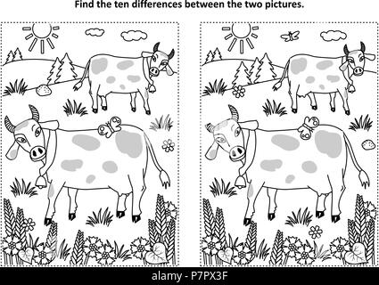 Retrouvez les dix différences photo puzzle et coloriage avec repéré traire les vaches sur le pâturage Illustration de Vecteur