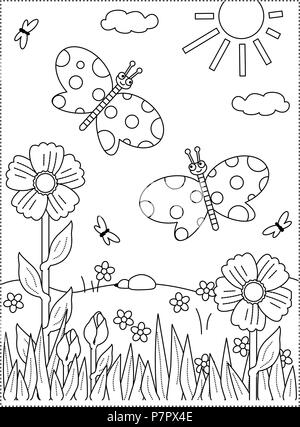 Printemps ou été à thème joie coloriage avec les papillons, les fleurs, l'herbe. Illustration de Vecteur
