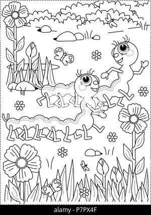 Printemps ou été à thème joie coloriage avec des chenilles, des fleurs, l'herbe. Illustration de Vecteur