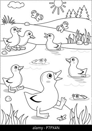 Printemps ou été à thème joie coloriage avec les canetons à l'étang. Printemps ou été à thème joie coloriage avec les canetons à l'étang. Illustration de Vecteur