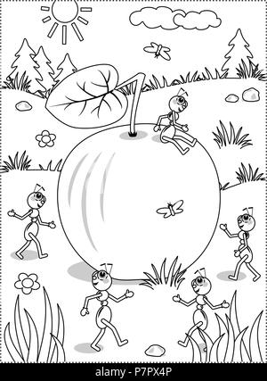 L'été ou automne thème joie coloriage avec pomme mûre allongé sur le sol et cinq fourmis planifier quoi faire avec elle. Illustration de Vecteur