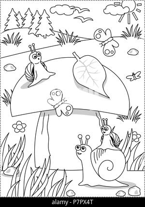 L'été ou automne thème joie coloriage avec gros champignons délicieux et maman et les enfants les escargots. Illustration de Vecteur