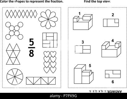Deux énigmes mathématiques visuelles et des pages à colorier. Les formes de couleur pour représenter la fraction. Trouver la vue supérieure. Noir et blanc. Réponse inclus. Illustration de Vecteur
